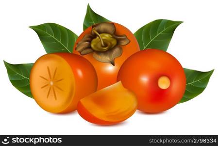 Photorealistic vector illustration. Persimmon with leaves.