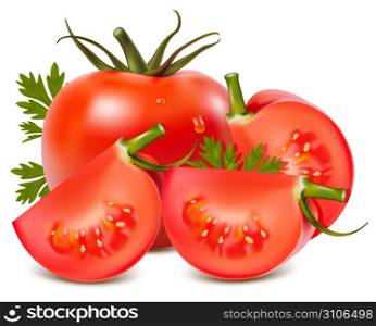 Photorealistic vector illustration. Tomato with water drops and parsley.