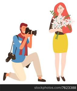 Photoset, photographer and woman with flowers, isolated character vector. Girl with bouquet and man taking picture, posing and photoshooting, portrait. Boy do photo of girl. Photographer and Woman with Flowers, Photoset
