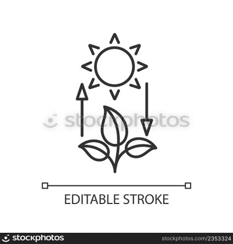 Photosynthesis linear icon. Turn light energy into chemical energy. Plants produce oxygen. Thin line illustration. Contour symbol. Vector outline drawing. Editable stroke. Arial font used. Photosynthesis linear icon