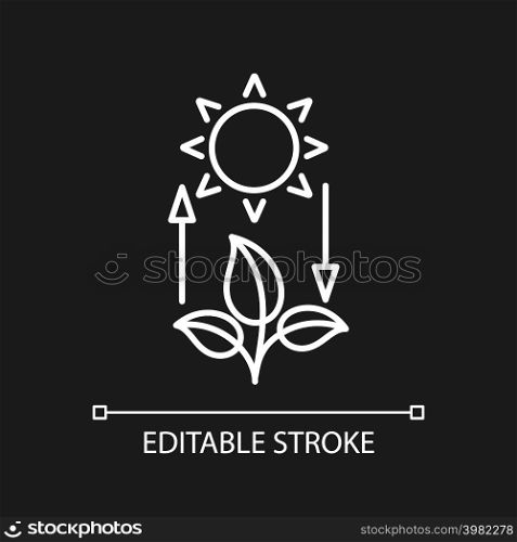 Photosynthesis white linear icon for dark theme. Light energy into chemical energy. Transformation process. Thin line illustration. Isolated symbol for night mode. Editable stroke. Arial font used. Photosynthesis white linear icon for dark theme