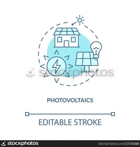 Photovoltaics turquoise concept icon. Rural electrification technology abstract idea thin line illustration. Isolated outline drawing. Editable stroke. Roboto-Medium, Myriad Pro-Bold fonts used. Photovoltaics turquoise concept icon