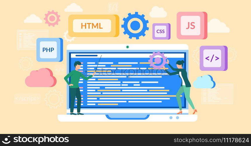 PHP and HTML development concept. Software website developer with computer, programmer service, open source general purpose programming language. Scripting web applications allows to create programs. PHP and HTML development concept. Software website developer with computer, programmer service