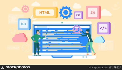 PHP and HTML development concept. Software website developer with computer, programmer service, open source general purpose programming language. Scripting web applications allows to create programs. PHP and HTML development concept. Software website developer with computer, programmer service