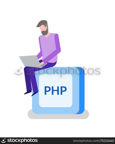PHP button, programming or coding, man programmer with laptop. Online work, Internet digital technologies, coding language, developer vector illustration. PHP Button, Programming or Coding, Man Programmer