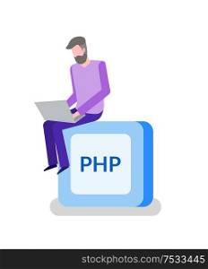 PHP button, programming or coding, man programmer with laptop. Online work, Internet digital technologies, coding language, developer vector illustration. PHP Button, Programming or Coding, Man Programmer