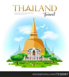 Phra Pathommachedi is a stupa in Nakhon Pathom, Thailand travel with people tourism design, on blue cloud and sky background, vector illustration