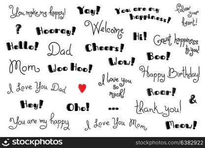 Phrases, Interjections and Exclamation Words for for cover, poster, t-shirt. Greeting card text templates. Vector Set. Phrases, Interjections and Exclamation Words for for cover, poster, t-shirt. Greeting card text templates. Vector Set.