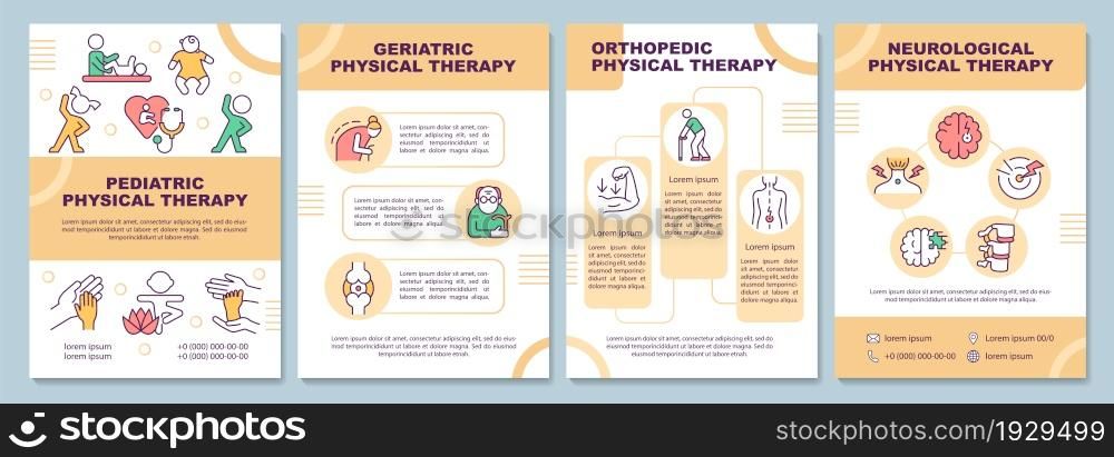 Physial therapy types brochure template. Health care. Flyer, booklet, leaflet print, cover design with linear icons. Vector layouts for presentation, annual reports, advertisement pages. Physial therapy types brochure template