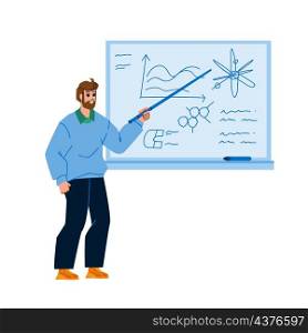 Physic Education Lesson Teaching Teacher Vector. Young Man With Pointer Pointing At Blackboard And Teach Physic School Or University Education In Classroom. Character Flat Cartoon Illustration. Physic Education Lesson Teaching Teacher Vector