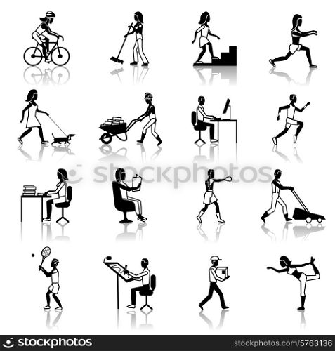 Physical activities icons black set with people silhouettes working cleaning cycling walking isolated vector illustration. Physical Activities Icons Black