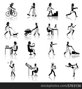 Physical activities icons black set with people silhouettes working cleaning cycling walking isolated vector illustration. Physical Activities Icons Black