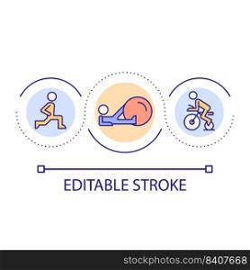 Physical activities loop concept icon. Muscular endurance workouts abstract idea thin line illustration. Individual sports. Weight training. Isolated outline drawing. Editable stroke. Arial font used. Physical activities loop concept icon