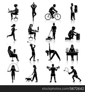Physical activity black icons set with people cycling reading training isolated vector illustration