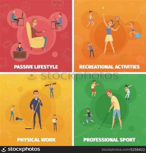 Physical Activity Compositions Set. Four compositions set with active lifestyle images of human characters doing sport physical and leisure activities vector illustration