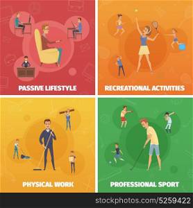 Physical Activity Compositions Set. Four compositions set with active lifestyle images of human characters doing sport physical and leisure activities vector illustration