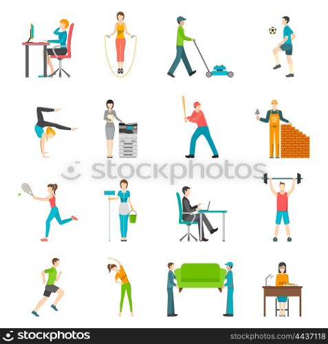 Physical Activity Flat Icons. Set of flat color icons depicting physical activity people home outdoor or work vector illustration
