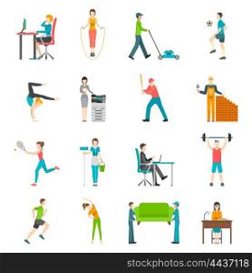 Physical Activity Flat Icons. Set of flat color icons depicting physical activity people home outdoor or work vector illustration