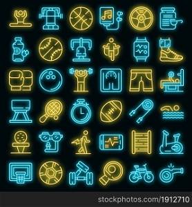 Physical activity icons set. Outline set of physical activity vector icons neon color on black. Physical activity icons set vector neon