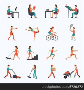 Physical activity icons set with people working cycling training isolated vector illustration