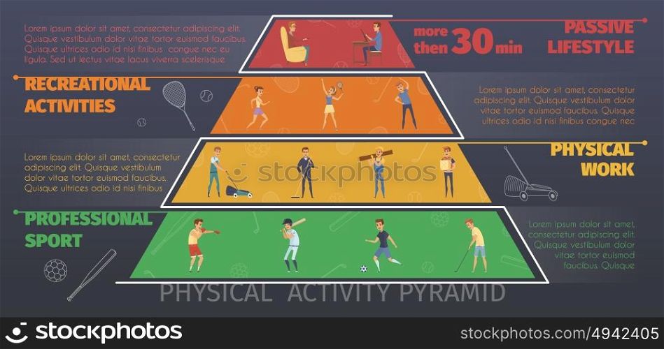 Physical Activity Infographic Poster. Active lifestyle colorful infographics with pyramid style conceptual layers of physical work and recreational sport activities vector illustration
