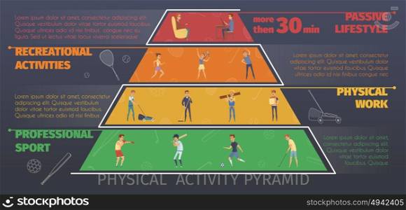 Physical Activity Infographic Poster. Active lifestyle colorful infographics with pyramid style conceptual layers of physical work and recreational sport activities vector illustration