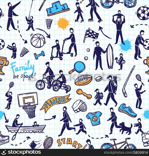 Physical Activity Seamless Pattern . Physical activity and sport sketch seamless pattern concept vector illustration