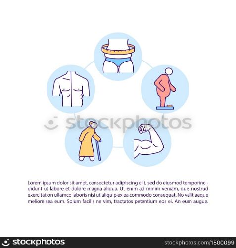 Physical adult development concept line icons with text. PPT page vector template with copy space. Brochure, magazine, newsletter design element. Additional weight gain linear illustrations on white. Physical adult development concept line icons with text