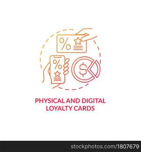 Physical and digital loyalty cards red gradient concept icon. Digital bonus card for customers abstract idea thin line illustration. Bonus and rewards. Vector isolated outline color drawing.. Physical and digital loyalty cards red gradient concept icon