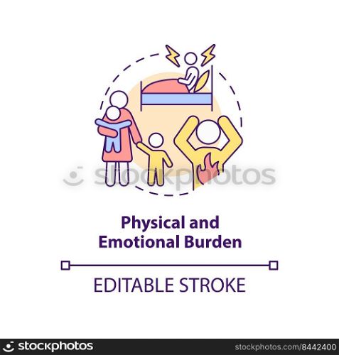 Physical and emotional burden concept icon. Health effects of overcrowding abstract idea thin line illustration. Isolated outline drawing. Editable stroke. Arial, Myriad Pro-Bold fonts used. Physical and emotional burden concept icon