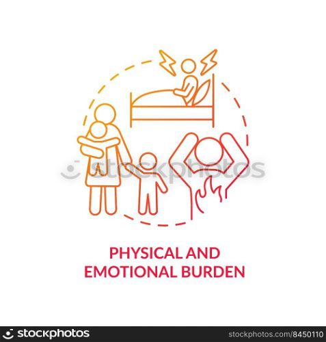 Physical and emotional burden red gradient concept icon. Distress. Health effects of overcrowding abstract idea thin line illustration. Isolated outline drawing. Myriad Pro-Bold fonts used. Physical and emotional burden red gradient concept icon