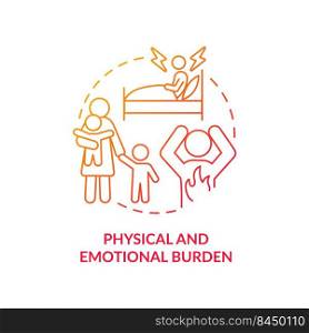 Physical and emotional burden red gradient concept icon. Distress. Health effects of overcrowding abstract idea thin line illustration. Isolated outline drawing. Myriad Pro-Bold fonts used. Physical and emotional burden red gradient concept icon