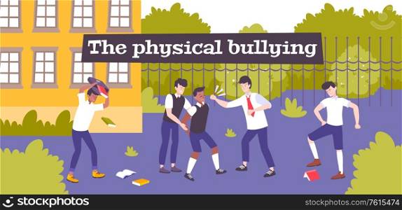 Physical bullying flat composition with school backyard scenery and group of violent children beating their mate vector illustration