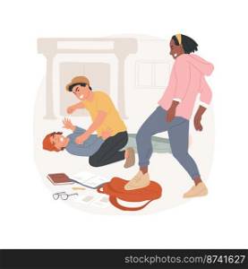 Physical bullying isolated cartoon vector illustration. Kids fighting at school, boys dominate weaker student, physical attack, destroying childs property, bullying problem vector cartoon.. Physical bullying isolated cartoon vector illustration.