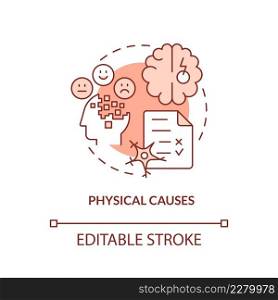 Physical causes red concept icon. Brain injury and defect. Conduct disorder causes abstract idea thin line illustration. Isolated outline drawing. Editable stroke. Arial, Myriad Pro-Bold fonts used. Physical causes red concept icon