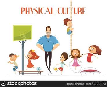 Physical Culture Lesson Retro cartoon Illustration . Primary school physical culture teacher enjoys modern sport facility with kids playing basketball and baseball cartoon vector illustration