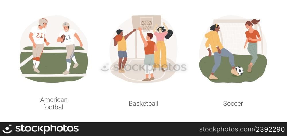 Physical education in high school isolated cartoon vector illustration set. American football team, student playing basketball, active lifestyle, soccer game, high school sport vector cartoon.. Physical education in high school isolated cartoon vector illustration set.