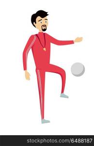 Physical Education Teacher Character. Physical education teacher in red sport suit with whistle and ball. Sportsman with ball in flat. Stand in front. Learning process. Teacher isolated character. School personage. Vector illustration