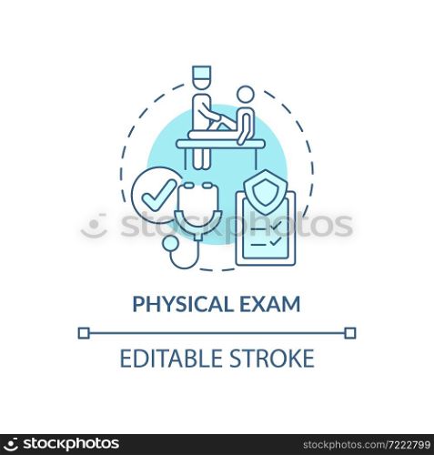 Physical exam blue concept icon. Annual medical examination abstract idea thin line illustration. Medical checkup. Healthcare. Clinical exam. Vector isolated outline color drawing. Editable stroke. Physical exam blue concept icon