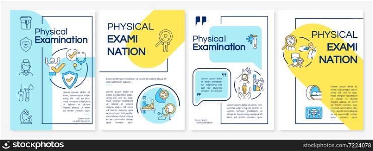Physical examination blue and yellow brochure template. Flyer, booklet, leaflet print, cover design with linear icons. Vector layouts for presentation, annual reports, advertisement pages. Physical examination blue and yellow brochure template
