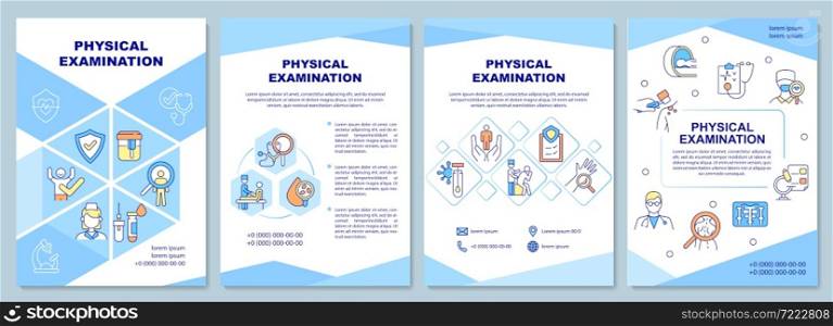Physical examination brochure template. Medical inspection, testing. Flyer, booklet, leaflet print, cover design with linear icons. Vector layouts for presentation, annual reports, advertisement pages. Physical examination brochure template