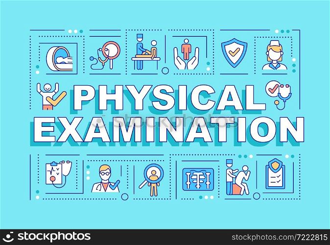 Physical examination word concepts banner. Medical checkup. Infographics with linear icons on blue background. Isolated creative typography. Vector outline color illustration with text. Physical examination word concepts banner