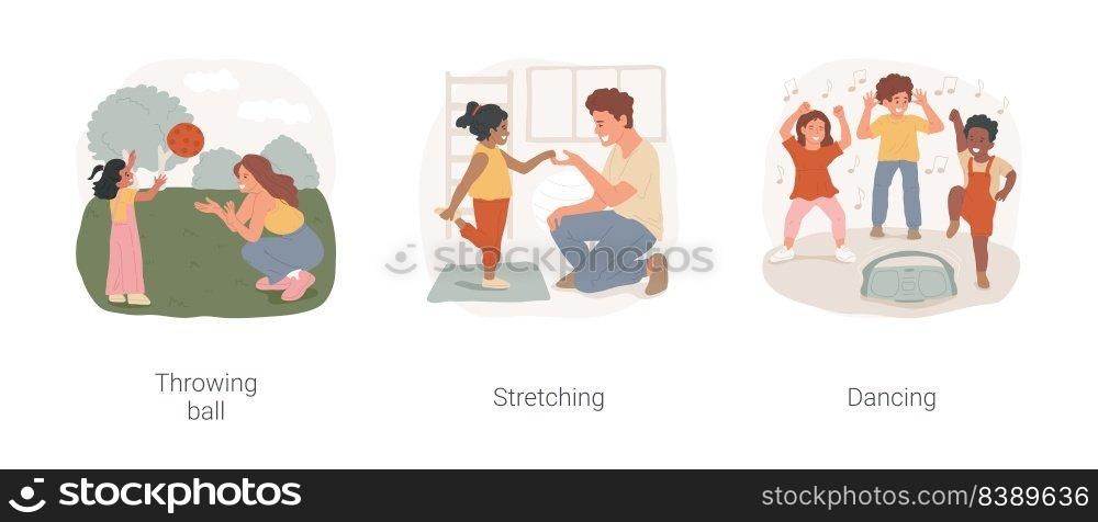 Physical exercise in autism daycare center isolated cartoon vector illustration set. Throwing ball, stretching and dancing, motor development, fun physical exercise, rehabilitation vector cartoon.. Physical exercise in autism daycare center isolated cartoon vector illustration set.