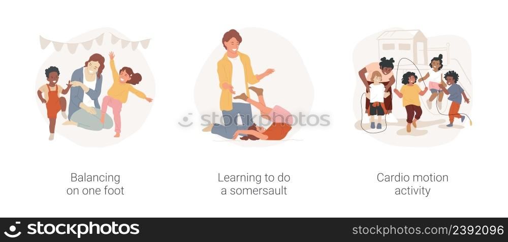 Physical exercise in kindergarten isolated cartoon vector illustration set. Balancing on one foot, learning to do a somersault, cardio motion activity, preschool fitness education vector cartoon.. Physical exercise in kindergarten isolated cartoon vector illustration set.