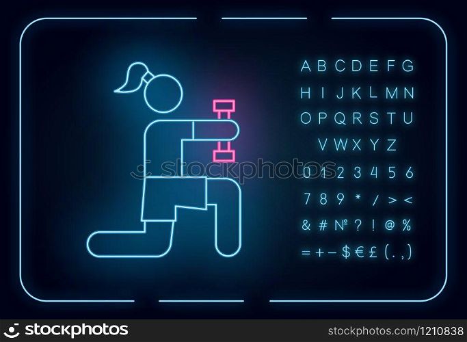 Physical exercise neon light icon. Sport activity. Gym training. Workout with dumbbells. Muscle building. Glowing sign with alphabet, numbers and symbols. Vector isolated illustration