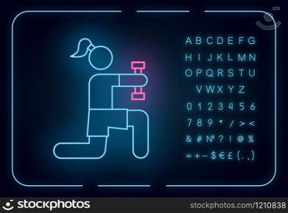 Physical exercise neon light icon. Sport activity. Gym training. Workout with dumbbells. Muscle building. Glowing sign with alphabet, numbers and symbols. Vector isolated illustration