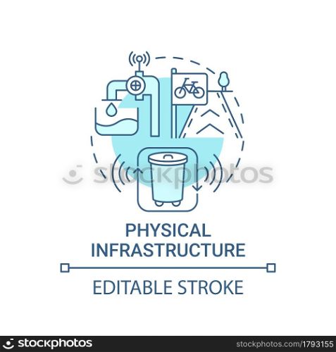 Physical infrastructure blue concept icon. Physical structures abstract idea thin line illustration. City energy, power and transport. Vector isolated outline color drawing. Editable stroke. Physical infrastructure blue concept icon