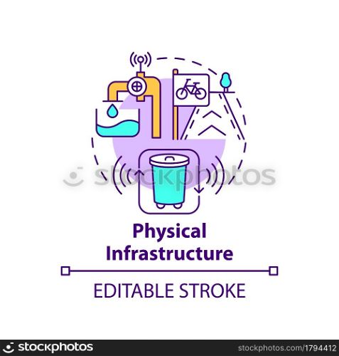 Physical infrastructure concept icon. Physical public facilities abstract idea thin line illustration. City energy, power and transport. Vector isolated outline color drawing. Editable stroke. Physical infrastructure concept icon