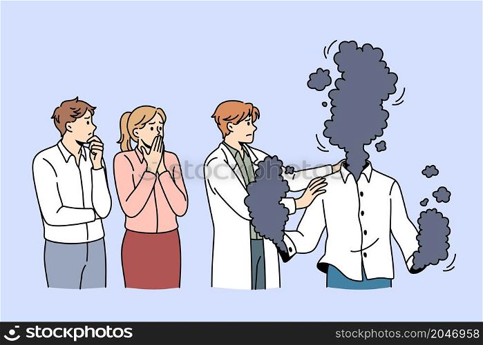 Physical injuries and burns concept. Group of shocked people standing looking at man doctor trying to help burning man with injuries with smog instead of head and hands vector illustration . Physical injuries and burns concept