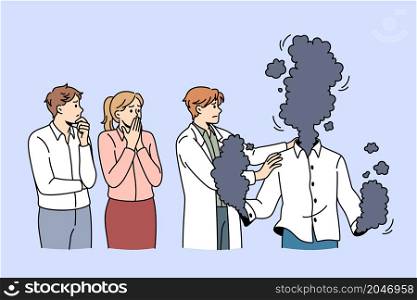 Physical injuries and burns concept. Group of shocked people standing looking at man doctor trying to help burning man with injuries with smog instead of head and hands vector illustration . Physical injuries and burns concept